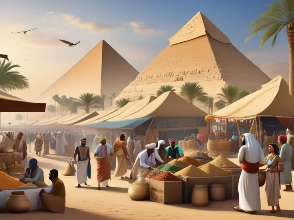Vibrante mercado antiguo en Egipto, con comerciantes intercambiando bienes mientras la economía florece entre conflictos militares