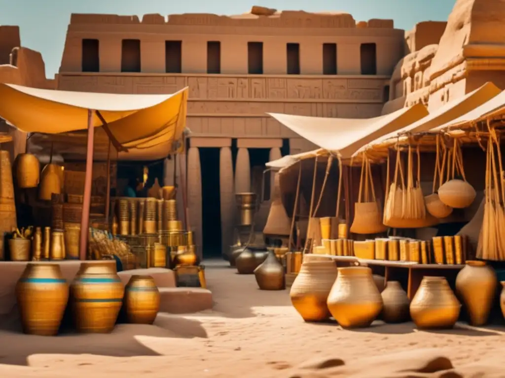 Un vibrante mercado del Antiguo Egipto, donde comerciantes y clientes se reúnen para intercambiar riquezas comerciales