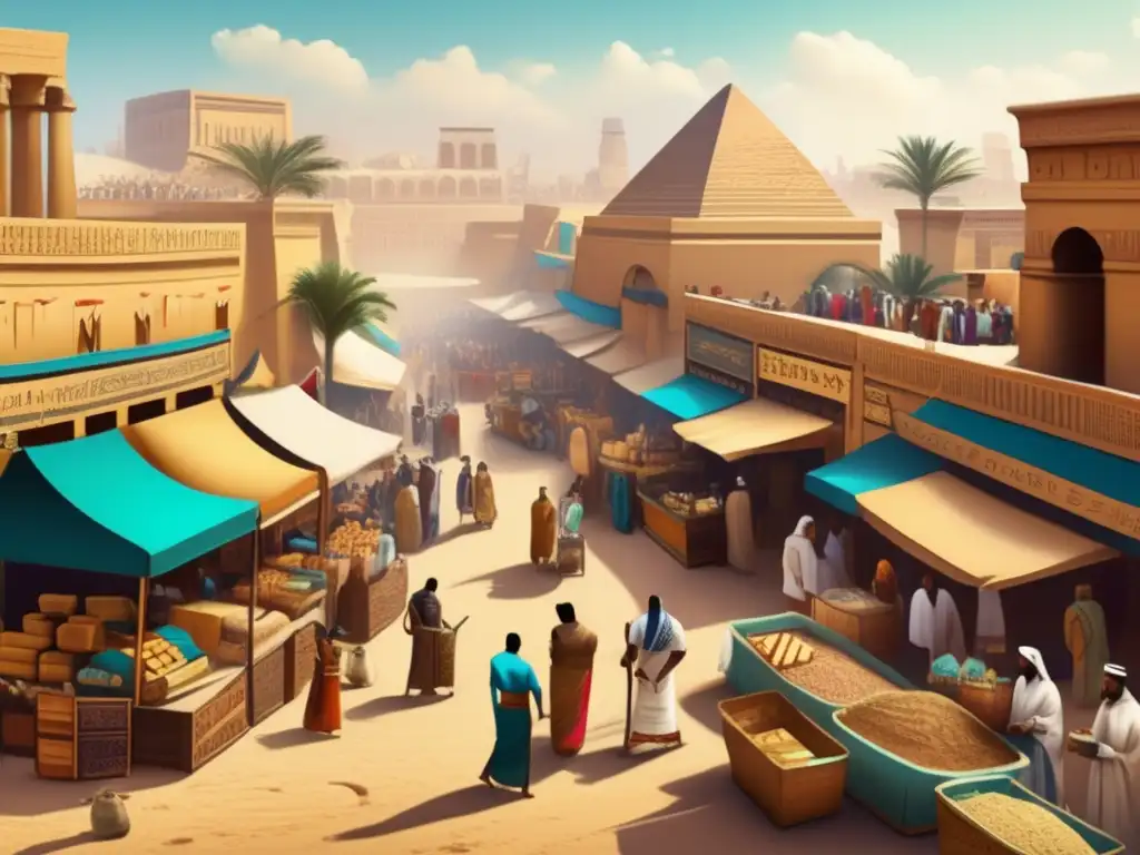 Un vibrante mercado en el antiguo Egipto, donde florece el comercio de escritura