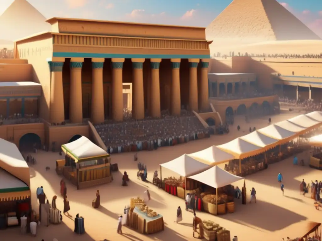 Vibrante mercado del antiguo Egipto, con comercio de escritura y hermosos rollos de papiro adornados