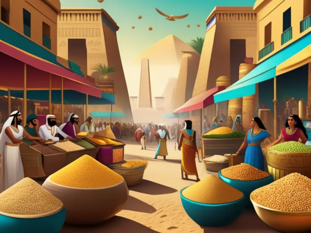 Un vibrante mercado en el antiguo Egipto muestra el comercio de cereales y la vida en la época faraónica