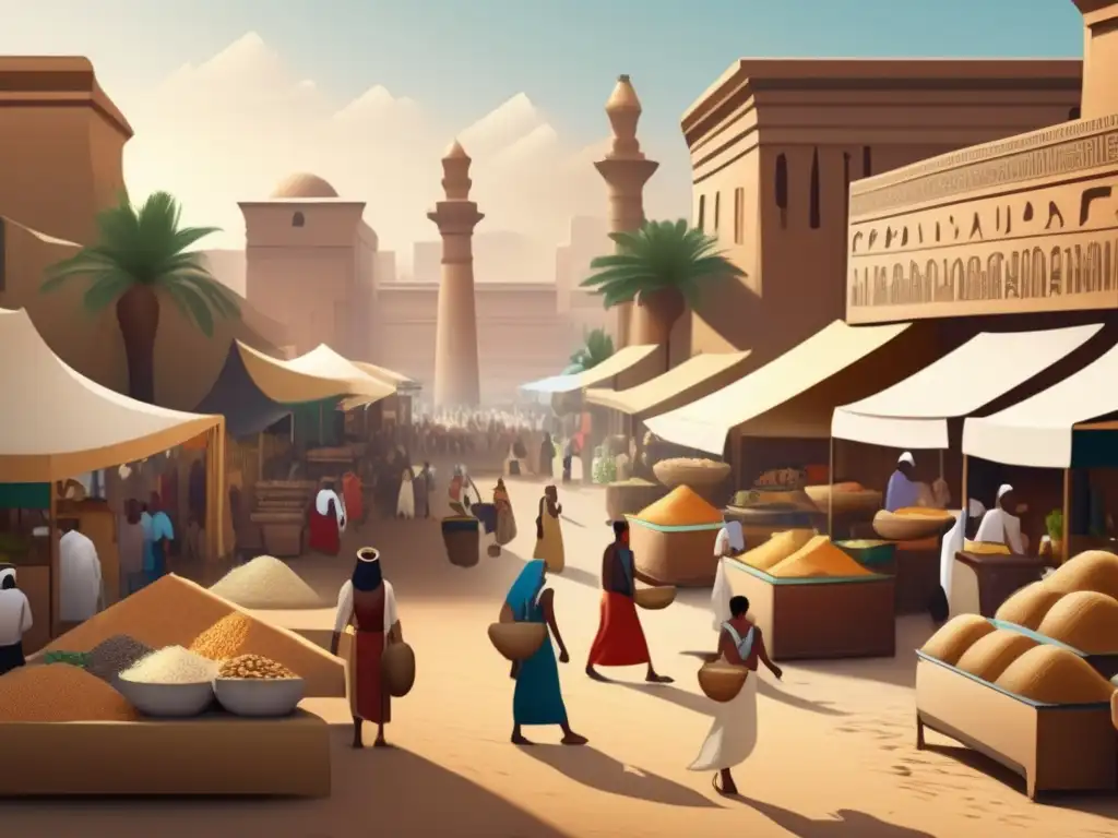 Vibrante mercado en el antiguo Egipto, donde el comercio de cereales era vital para la prosperidad de la civilización faraónica