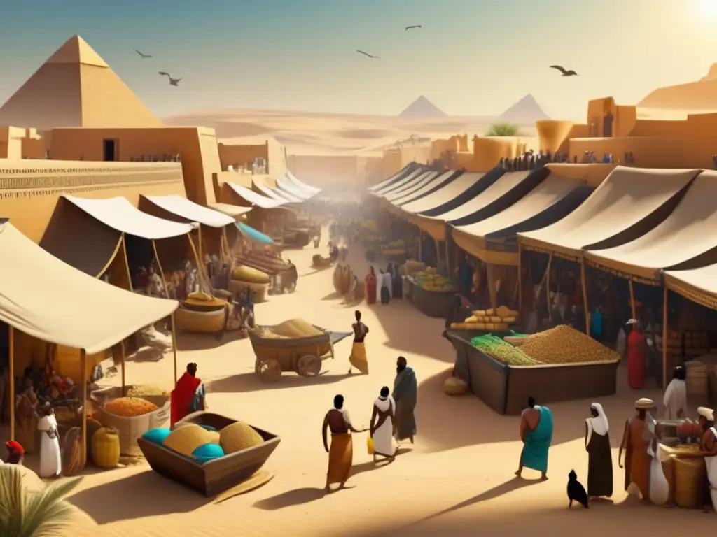 Vibrante mercado en el antiguo Egipto: comercio de asfalto en Egipto entre pirámides y caravanas de camellos