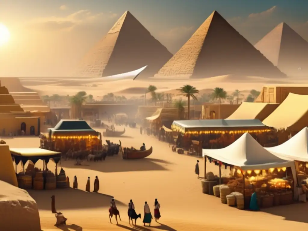Vibrante mercado en el antiguo Egipto, destacando el comercio de asfalto y alquitrán