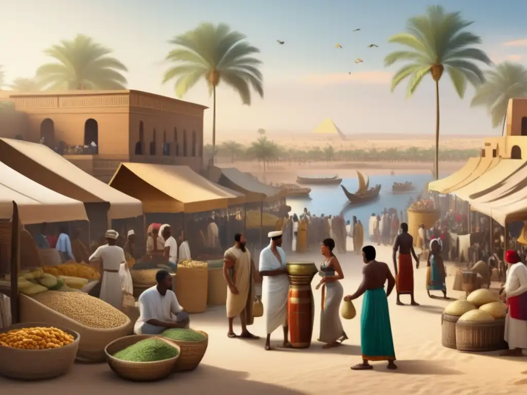 Vibrante mercado en el antiguo Egipto, reflejando el comercio de esclavos en Egipto