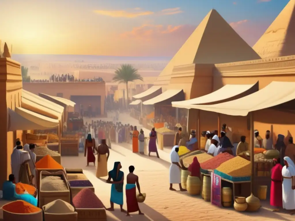 Vibrante mercado en el antiguo Egipto, muestra diversidad de productos y comercio en la economía del Periodo Tardío