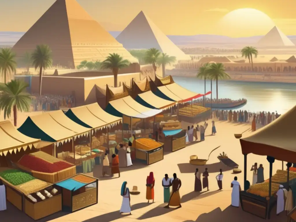Un vibrante mercado en el antiguo Egipto, reflejando la economía y expansión territorial