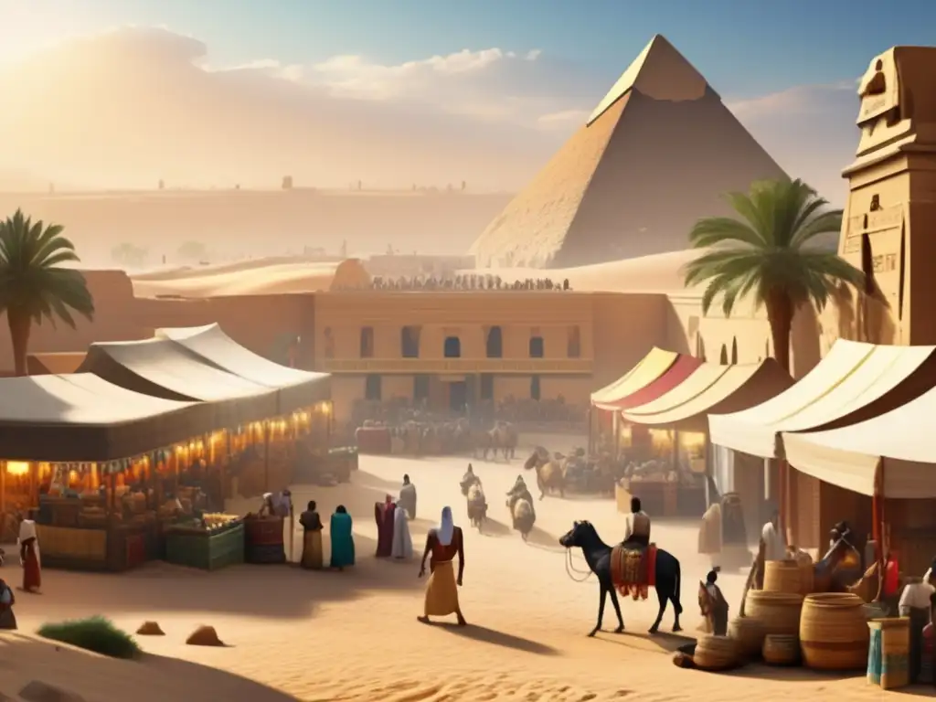 Vibrante mercado en el antiguo Egipto, donde la economía de importación y exportación florecía entre templos y pirámides de arena