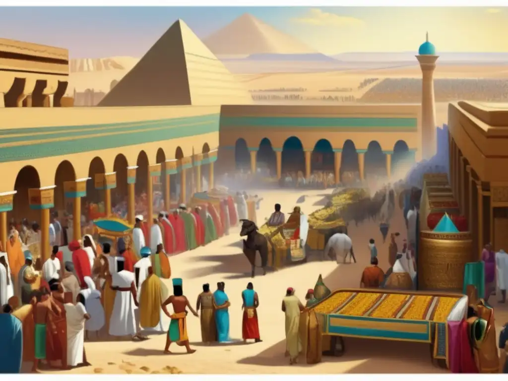 Vibrante mercado en el antiguo Egipto, muestra la economía de importación y exportación