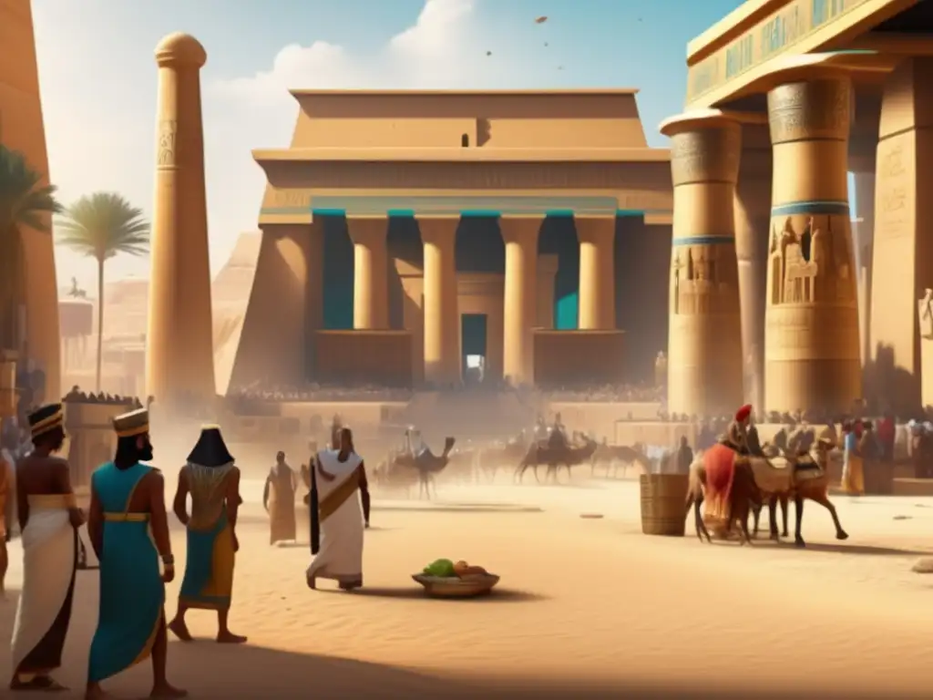 Vibrante mercado en Egipto antiguo, muestra la economía de los templos con comerciantes y productos exóticos