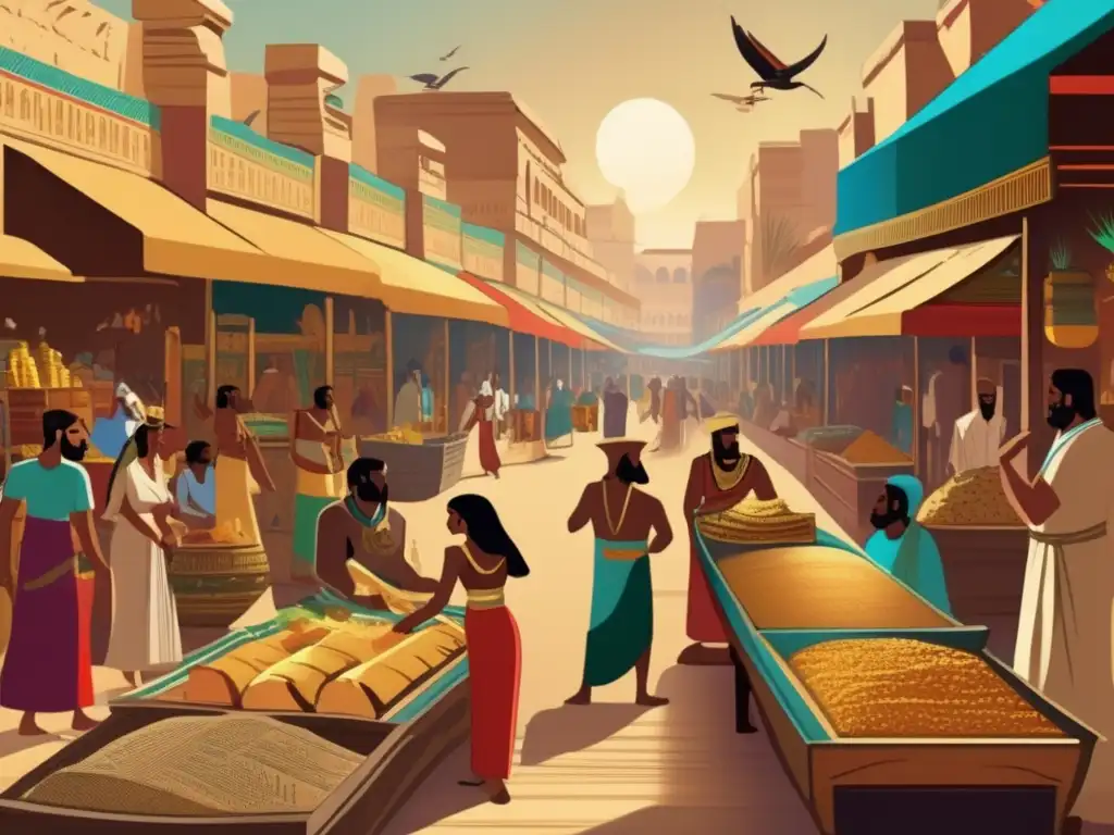 Vibrante mercado antiguo egipcio en la ruta comercial con Punt, colmado de colores y productos exóticos