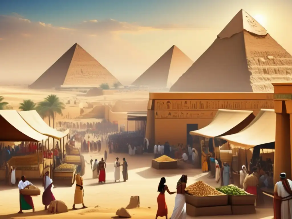 Vibrante mercado antiguo egipcio, con diferentes clases sociales y educación en primer plano