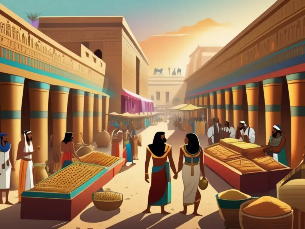 Vibrante mercado antiguo egipcio donde se intercambian tesoros exóticos