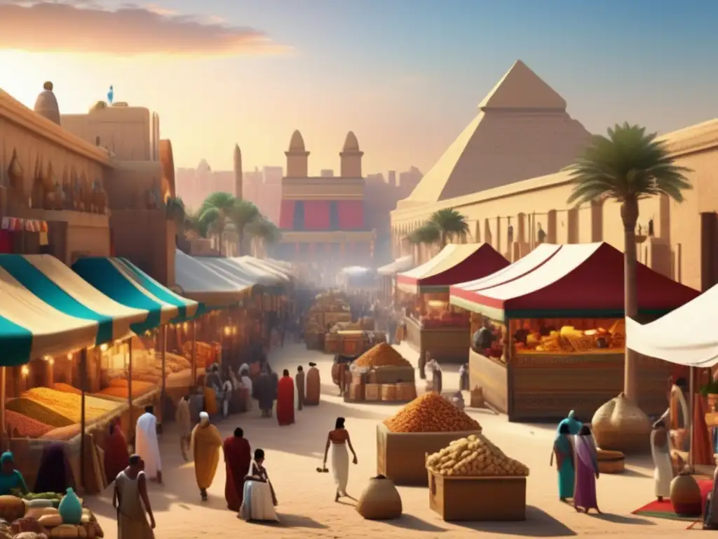 Vibrante mercado antiguo egipcio en intercambio cultural con Mesopotamia