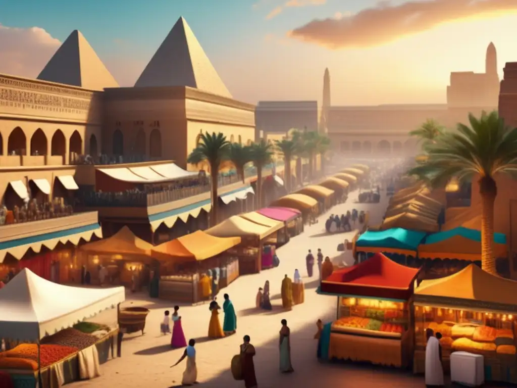 Vibrante mercado en el antiguo Egipto, donde empresarias en el comercio del Antiguo Egipto muestran su espíritu emprendedor y diversidad en un escenario lleno de vida y colorido