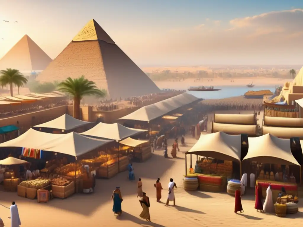Vibrante mercado en el antiguo Egipto: economía de importación y exportación en un escenario histórico junto a las majestuosas pirámides y el Nilo