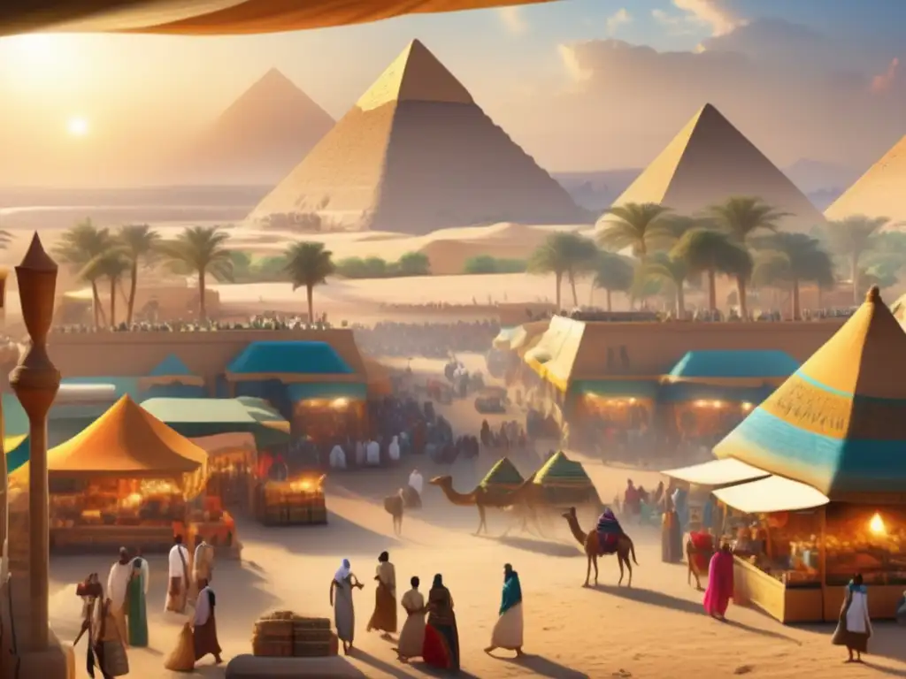 Un vibrante mercado en el antiguo Egipto frente a las majestuosas pirámides y el río Nilo