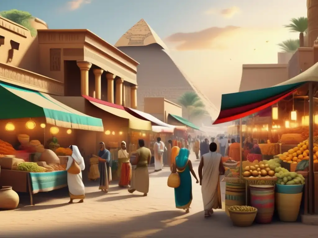 Vibrante mercado en el antiguo Egipto muestra la influencia romana en la caída de Egipto, con la majestuosa pirámide de Giza al fondo