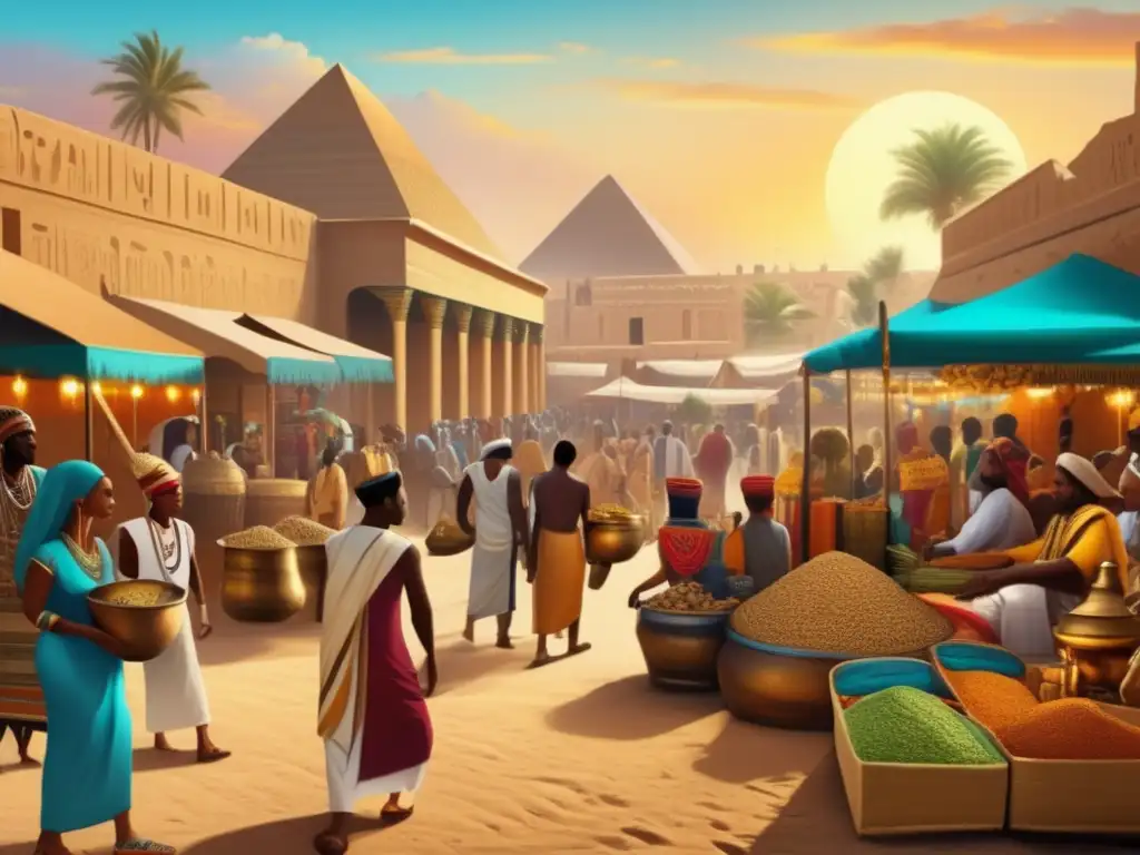 Un vibrante mercado antiguo en Egipto con influencia nubia, muestra la rica relación diplomática y cultural entre Egipto y Nubia