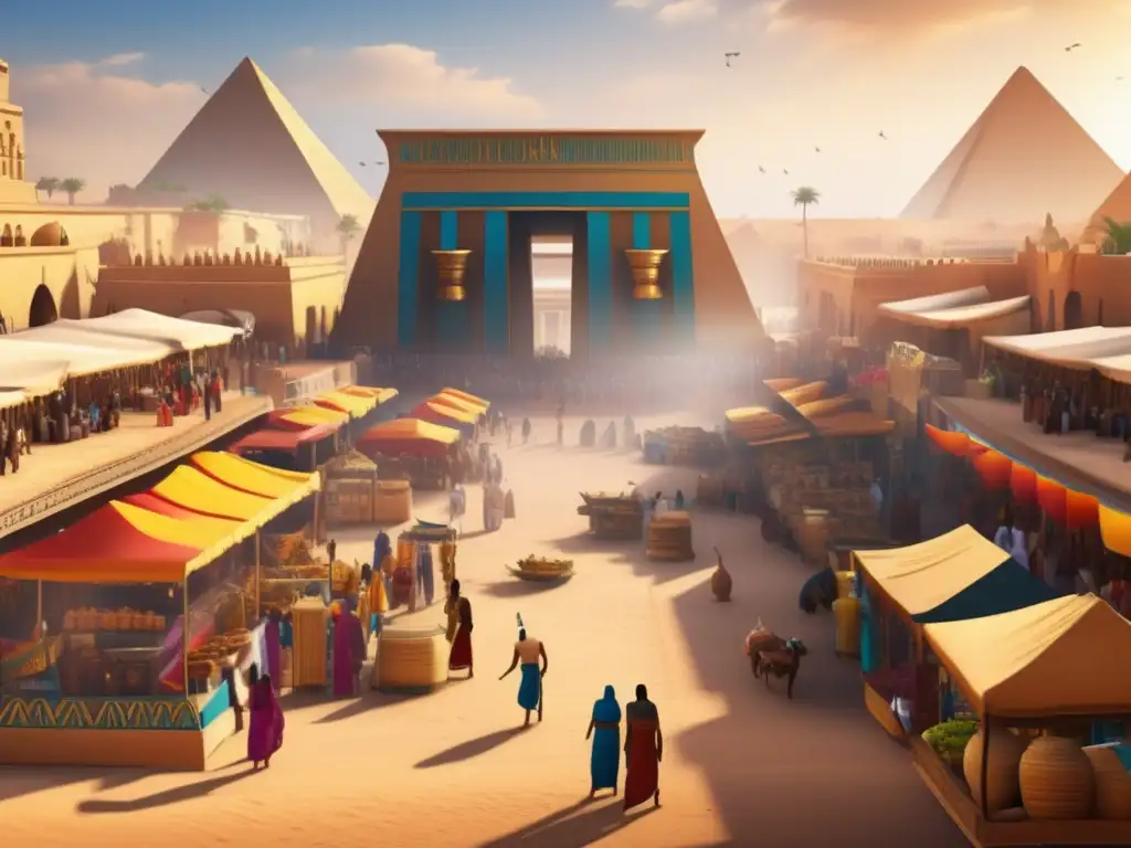 Un vibrante mercado en el antiguo Egipto, con intercambio de ofrendas religiosas y encanto histórico