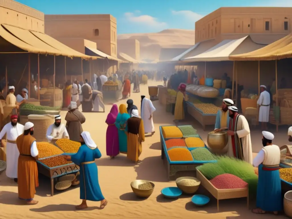 Vibrante mercado antiguo en Mesopotamia y Egipto, con intercambio cultural y productos diversos