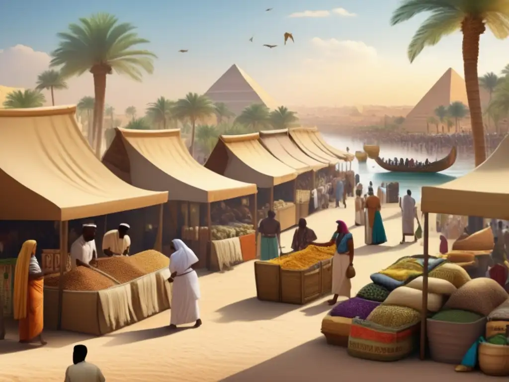 Un vibrante mercado antiguo en Egipto, junto al río Nilo