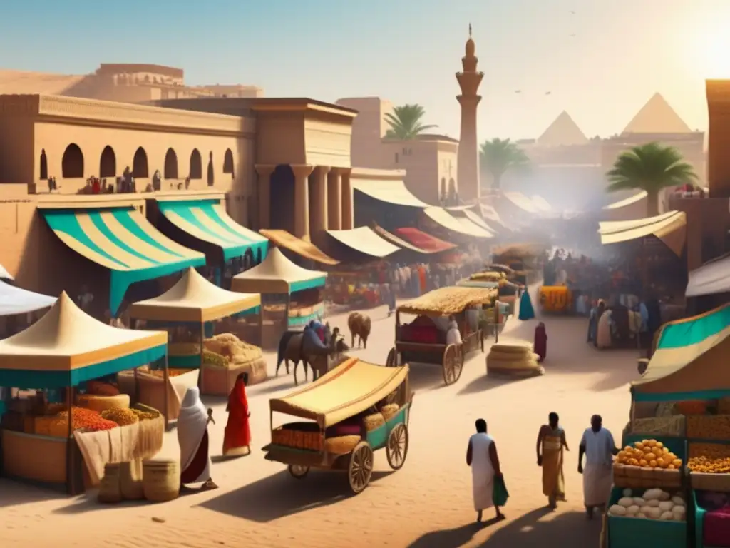 Un vibrante mercado en el antiguo Egipto a lo largo del Nilo, con vendedores y comerciantes regateando bajo el sol