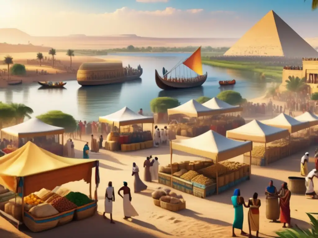 Un vibrante mercado antiguo en Egipto, con el majestuoso río Nilo de fondo
