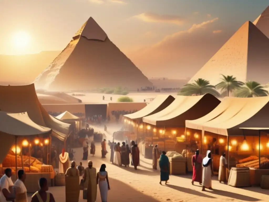 Un vibrante mercado en el antiguo Egipto, con los majestuosos pirámides al fondo