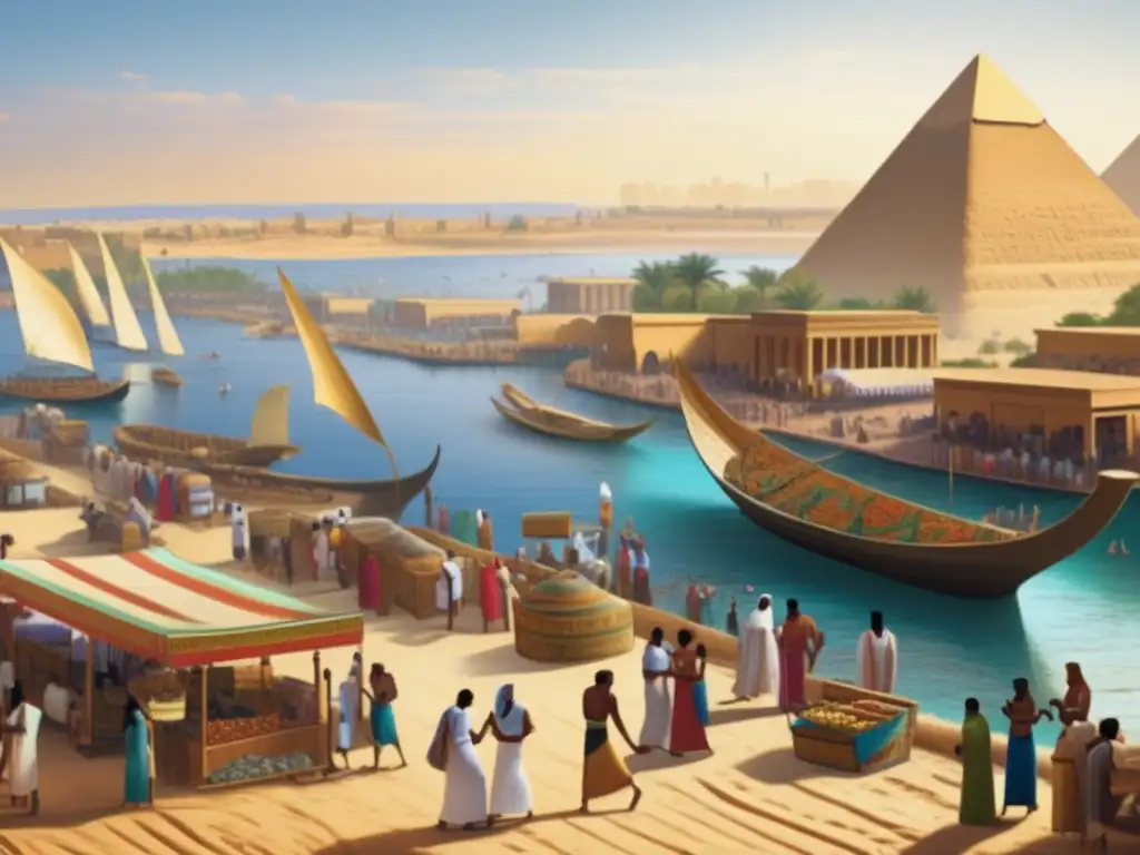 Un vibrante mercado en el antiguo Egipto, donde las matemáticas en la economía florecen entre comerciantes, abacus y jeroglíficos