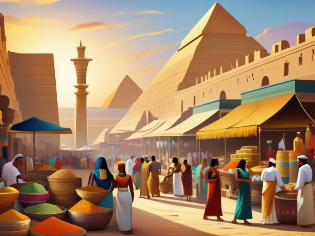 Un vibrante mercado antiguo en Egipto, donde se exhiben mercancías como cerámica, textiles, especias y metales preciosos
