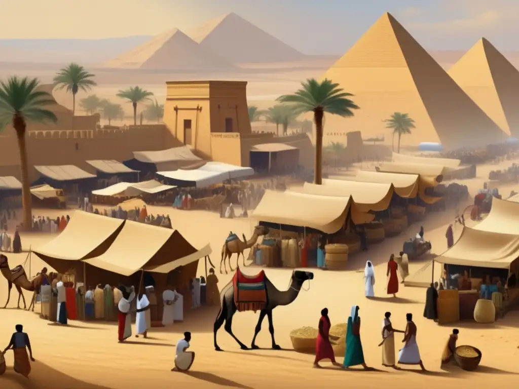 Un vibrante mercado en el antiguo Egipto, donde se transportan mercancías en caravanas de camellos