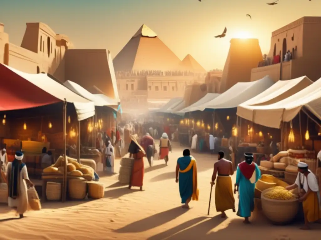 Vibrante mercado en el antiguo Egipto con nómadas asiáticos, tejidos coloridos y especias exóticas al atardecer
