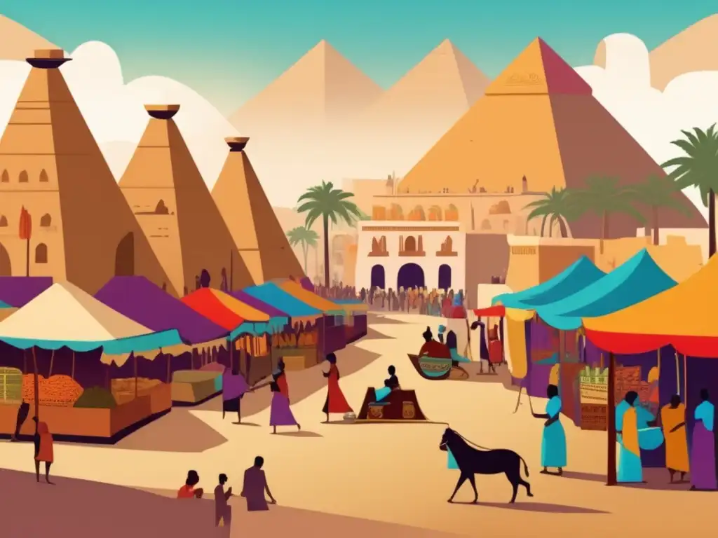 Vibrante mercado antiguo en Nubia y Egipto, donde las culturas convergen en un intercambio comercial y cultural