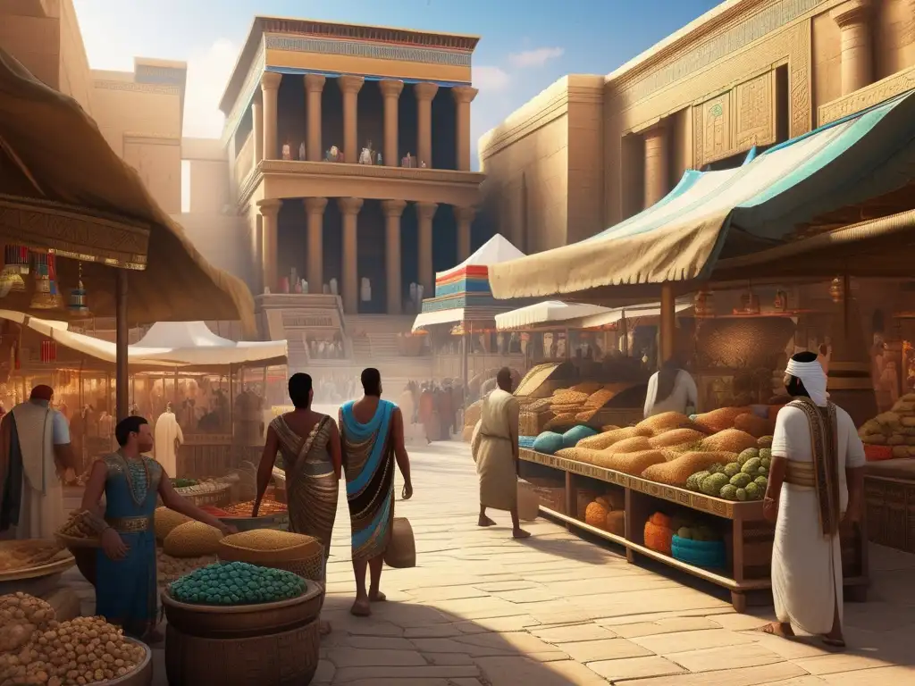 Un vibrante mercado en el antiguo Egipto del Periodo Intermedio, donde la política y la sociedad convergen en una escena llena de vida y color