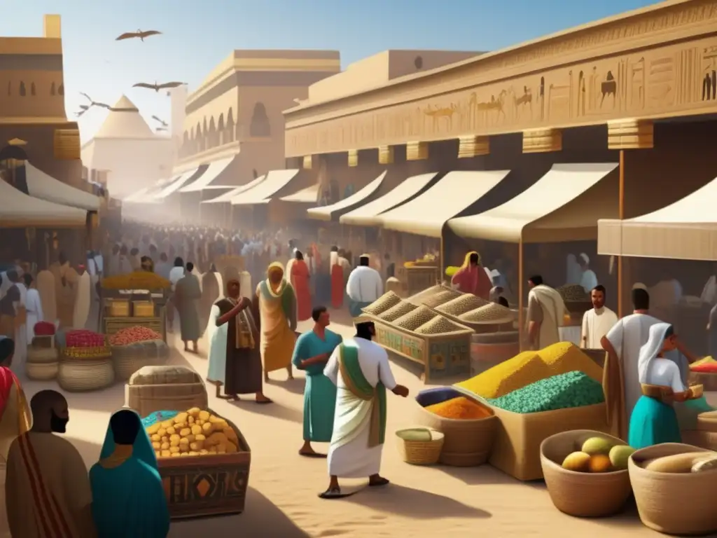 Vibrante mercado en el antiguo Egipto del Periodo Intermedio, reflejando la sociedad y política de la época