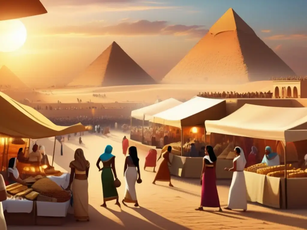 Vibrante mercado en el antiguo Egipto con las pirámides al fondo