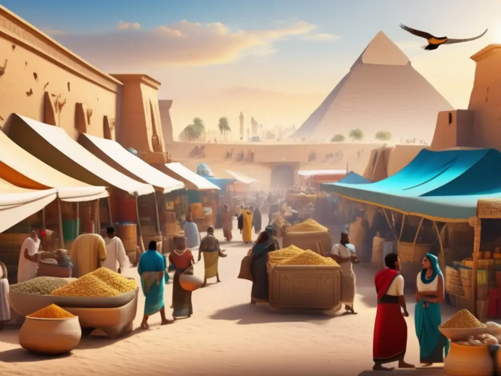Vibrante mercado del antiguo Egipto con pirámides de fondo
