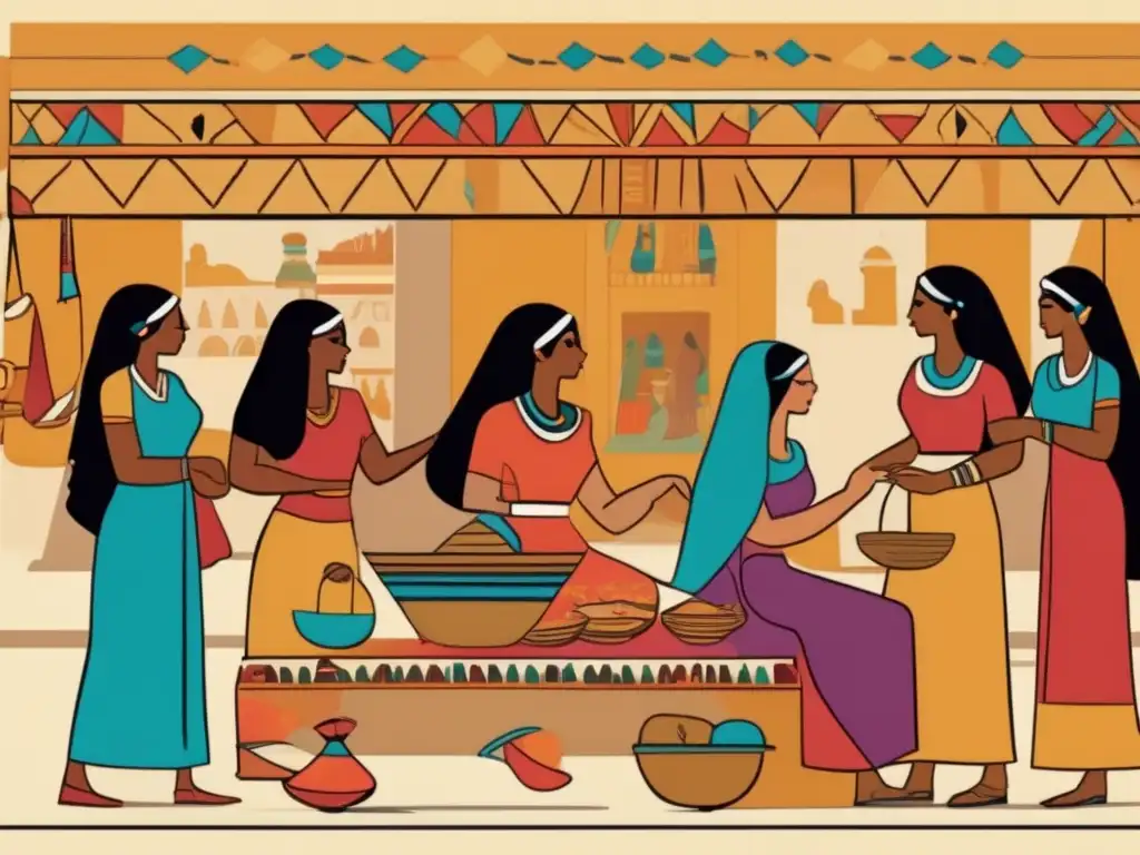 Un vibrante mercado en el antiguo Egipto, mujeres vendiendo y compartiendo productos