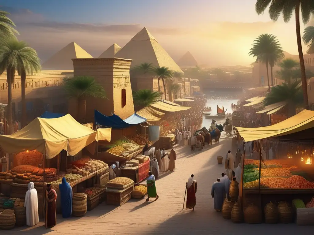 Vibrante mercado en el antiguo Egipto, reflejando riquezas comerciales y cultural