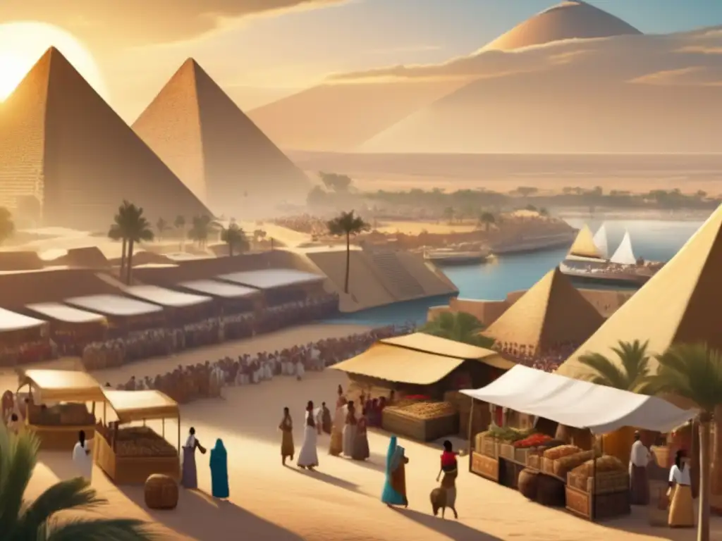 Vibrante mercado en el antiguo Egipto, muestra el rol femenino en el Egipto Predinástico con coloridas vestimentas y actividades económicas