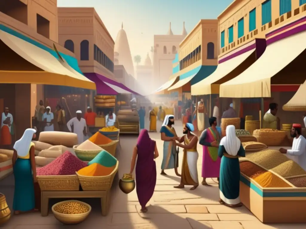 Vibrante mercado antiguo en Egipto: un viaje a la riqueza cultural y el comercio Un vibrante mercado en el Antiguo Egipto muestra la seguridad y riqueza cultural