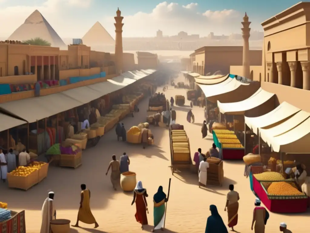 Vibrante mercado en el antiguo Egipto del Tercer Periodo, con comerciantes y conflictos internos y externos en Thebes