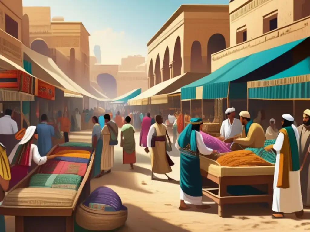 Vibrante mercado en el Antiguo Egipto, donde la producción textil es el corazón de la vida diaria y el comercio florece