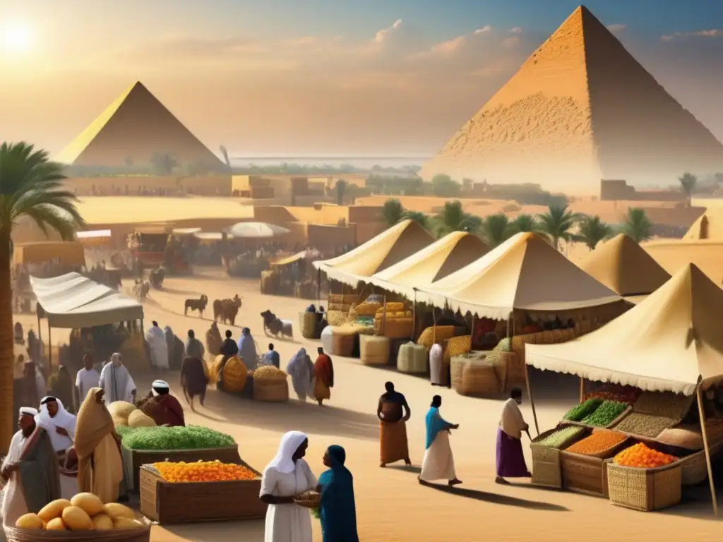 Un vibrante mercado antiguo en Egipto, repleto de vida y actividad comercial