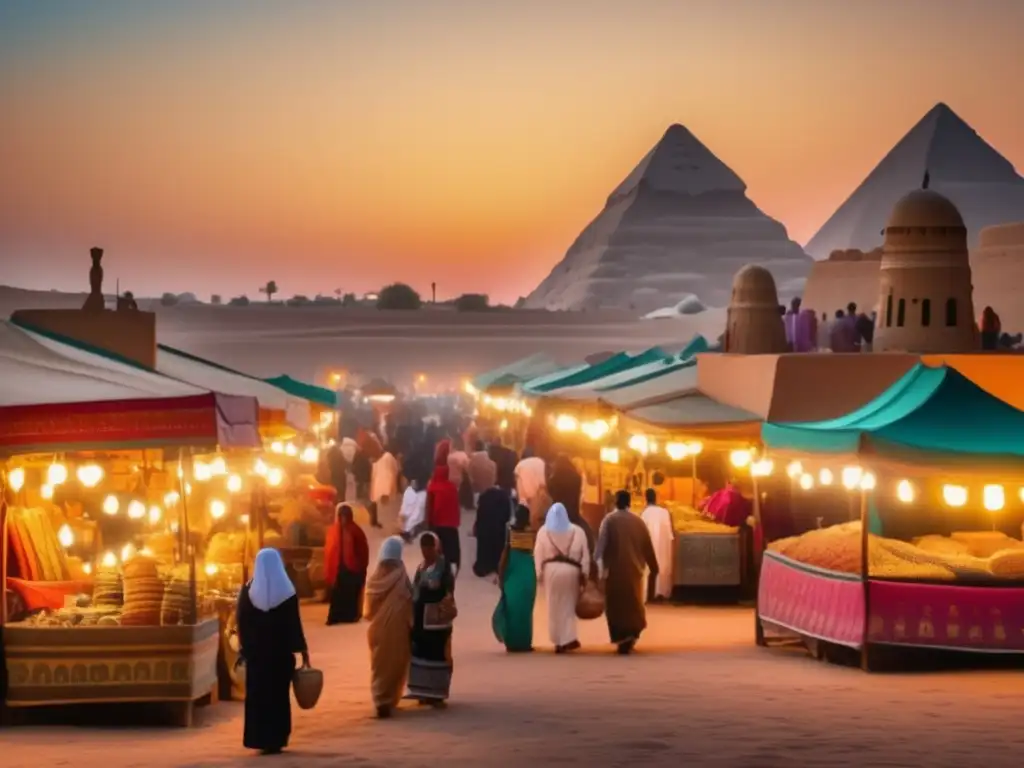 Un vibrante mercado callejero egipcio al atardecer, con arquitectura contemporánea que refleja el legado egipcio