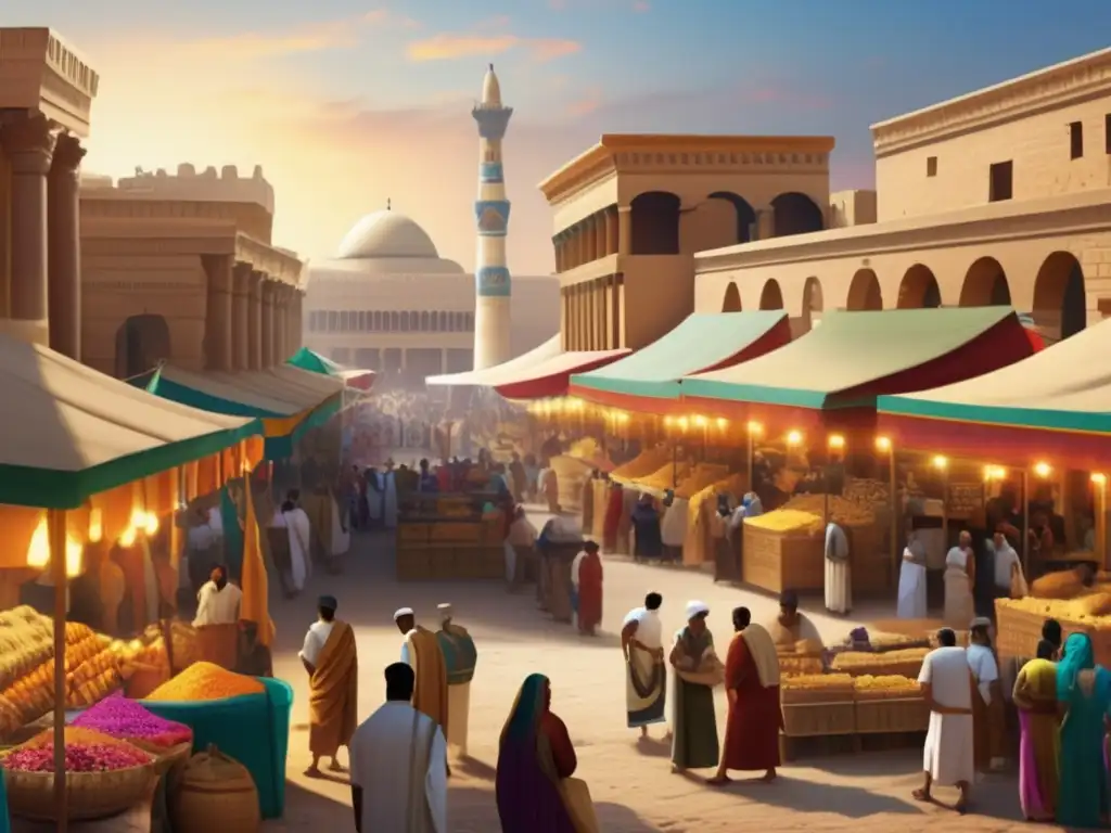 Vibrante mercado en Alejandría, fusion de culturas Egipto Ptolemaico: colores vivos, gente de diferentes culturas, arquitectura ecléctica