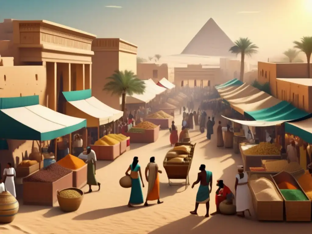 Vibrante mercado en Egipto bajo dominio extranjero, reflejando cambios lingüísticos y dinámicas sociales