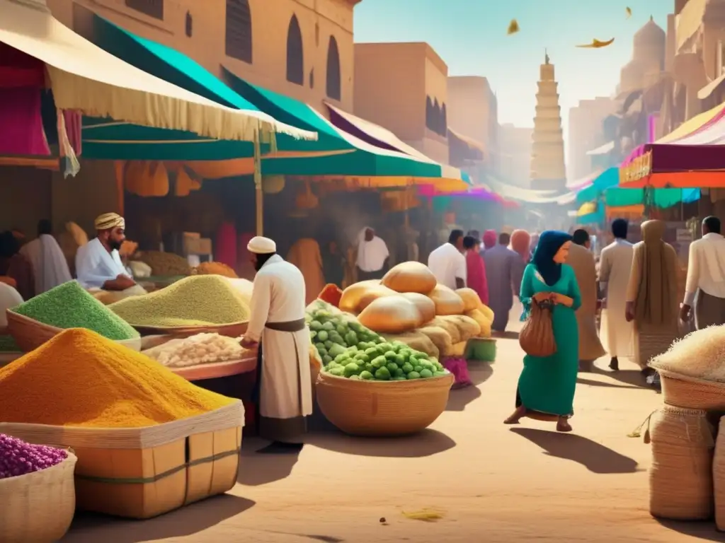 Un vibrante mercado egipcio con alimentos de la inmortalidad