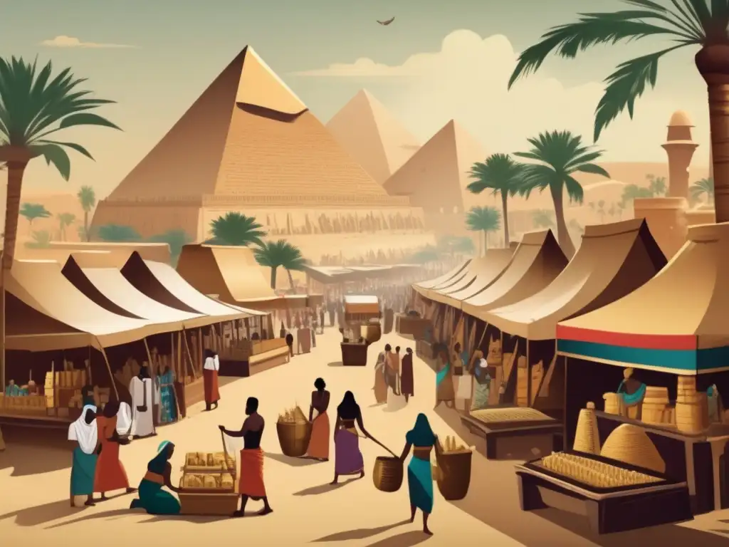 Vibrante mercado egipcio de antaño, con transacciones comerciales y papiros